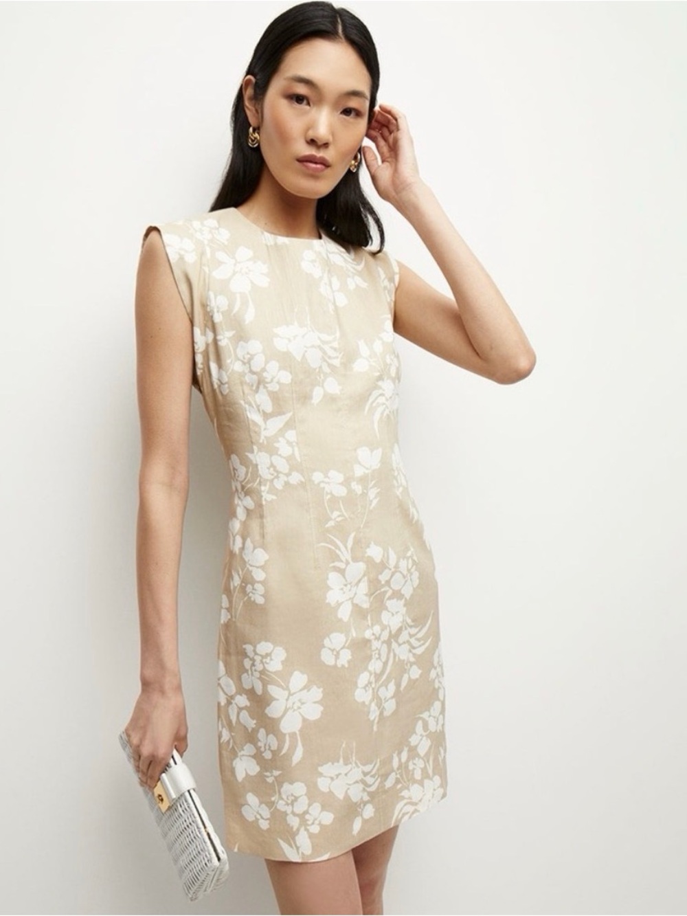 Veronica Beard Beige Floral Mini Dress with White Pattern
